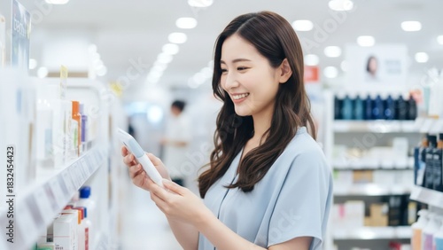 Young Asian woman holding a product in a well lit store aisle with shelves filled with various items chinese korean japanese