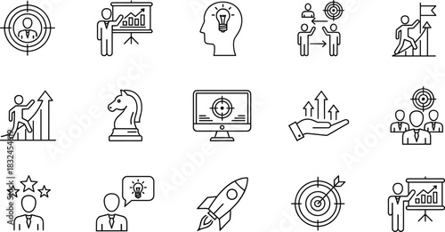 Business Strategy, Targets, and Success Icon Set: Goal Setting, Achievement, Leadership, Innovation, Presentation, Growth, and Teamwork Symbols