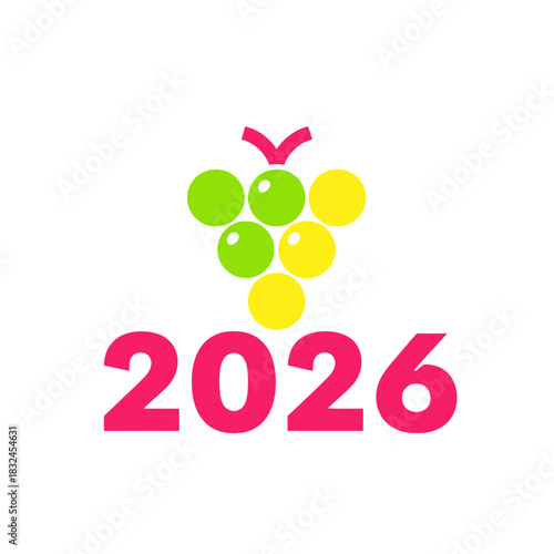 2026 grape cluster typography, vibrant fruity new year design for food and beverage branding