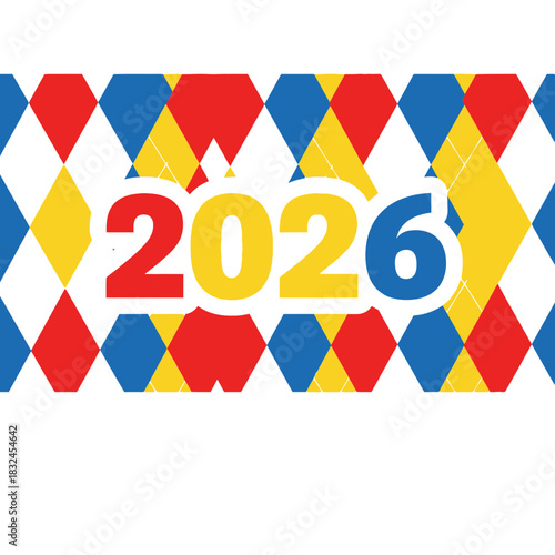 2026 harlequin diamond pattern typography, festive carnival style new year design full of energy