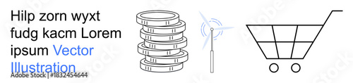 Savings, renewable energy, eco-friendly purchasing, e-commerce, finance, environmental awareness. Stack of coins, a wind turbine and a shopping cart. Finance and renewable energy theme