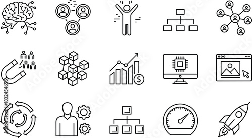 Business, Technology, and Growth Icon Set: Neural Network, Teamwork, Success, Management, Data, Marketing, Speed, and Startup Concepts for Digital Projects
