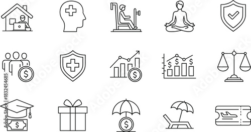 Comprehensive Employee Benefits and Financial Protection Line Icons Set, Health Insurance, Work-Life Balance, Investment, Retirement Planning, Education Funding, Vector Graphics, Thin Outline Style.