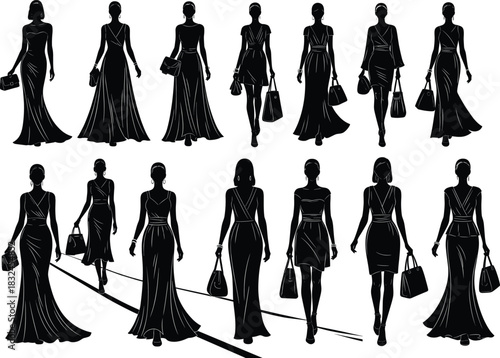 Fashion silhouettes of women walking in dresses and heels with handbags, showcasing elegant poses, outfit styles, and modeling inspiration.