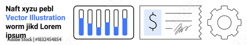 Bar graph showing data growth, signed financial document symbolizing agreement, and a gear for settings or process optimization. Ideal for finance, data, analytics, contracts, productivity