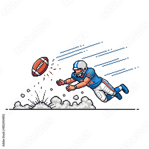 American football player diving for a touchdown with a football soaring through the air during a game