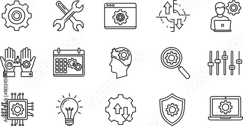 Engineering, Technology, and Configuration Icon Set: System Settings, Maintenance, Idea, Development, Protection, Security, and Computer Symbols