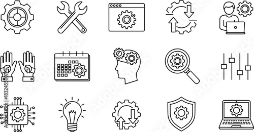 Engineering, Technology, and Process Icon Set: Configuration, Mechanics, Automation, Idea, Development, Protection, and System Settings Symbols