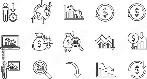 Financial Crisis and Recession Icon Set: Global Economic Downturn, Stock Market, Oil Price Drop, Investment Loss, and Business Forecasting Symbols