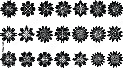 Geometric flower grid pattern with abstract petal symmetry, black vector design for mathematical art, algorithmic aesthetics, and digital decoration.