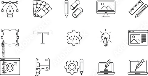 Graphic Design, Creative Process, and UI/UX Icon Set: Vector Art, Color Palette, Typography, Development, Idea, and Digital Project Tools