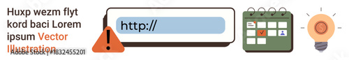 Cybersecurity, website management, online planning, error handling, idea generation, productivity tips. Warning symbol, URL bar calendar lightbulb. Cybersecurity and website management concepts