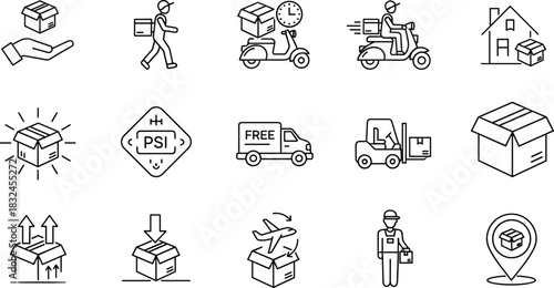 Logistics and Shipping Service Icon Set, Line Art for Fast Home Delivery, Parcel Transport, E-commerce, Worldwide Cargo, Courier, Warehouse and Freight Distribution, Minimal Vector