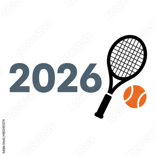 Tennis racket and ball with 2026 text, sporty New Year design ideal for fitness, tournaments, and active lifestyle visuals