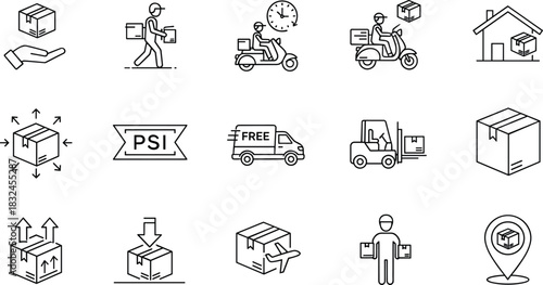 Logistics, Delivery and Shipping Service Icon Set, Line Art for Fast Parcel Transport, E-commerce, Worldwide Tracking, Courier, Warehouse and Freight Distribution, Minimalist Vector
