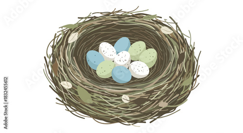Bird nest with eggs, springtime scene with transparent background