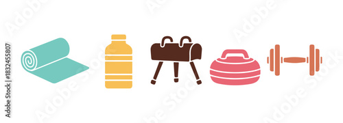 Fitness mat roll set, sports nutrition, pommel horse, and stone for curling sport game icon. Vector