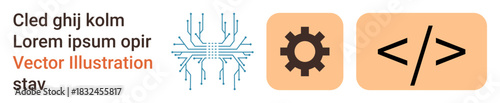 Technology tools, software development, coding, programming interfaces, innovation processes, and digital systems. Circuit diagram, gear and coding symbols. Technology tools and software development