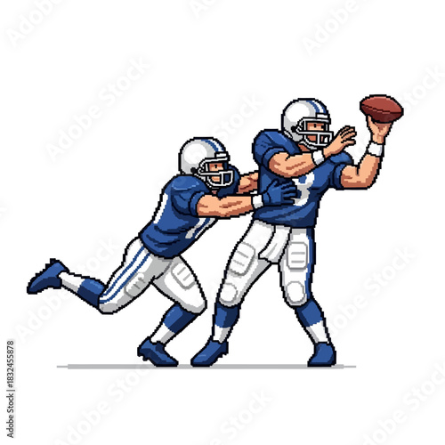 Dynamic action shot of a defensive player tackling a quarterback in an intense American football game illustration