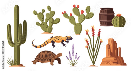 Desert landscape with cacti, lizard, turtle and rock formations