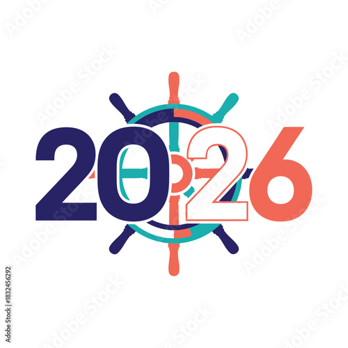 Nautical themed 2026 New Year design with ship wheel illustration, adventurous holiday concept for travel and maritime branding