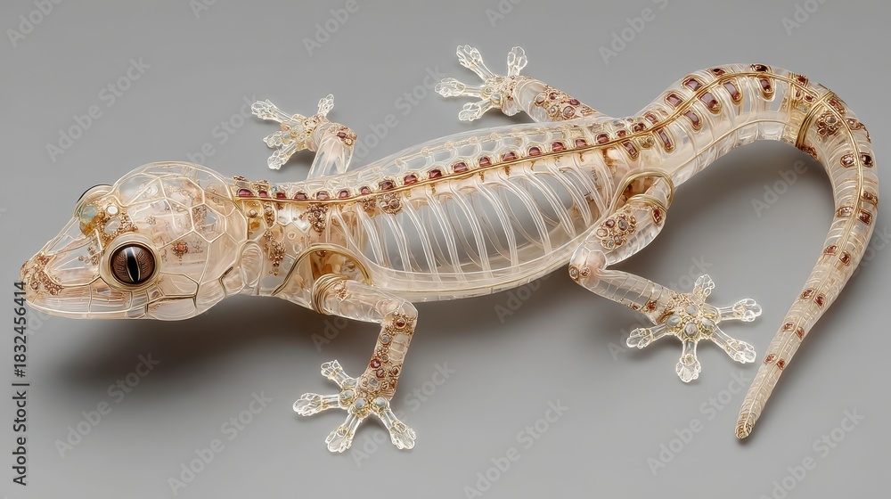 Naklejka premium Transparent gecko sculpture with intricate internal details and fine jewelry like appearance on neutral background, showcasing delicate craftsmanship and artistic design