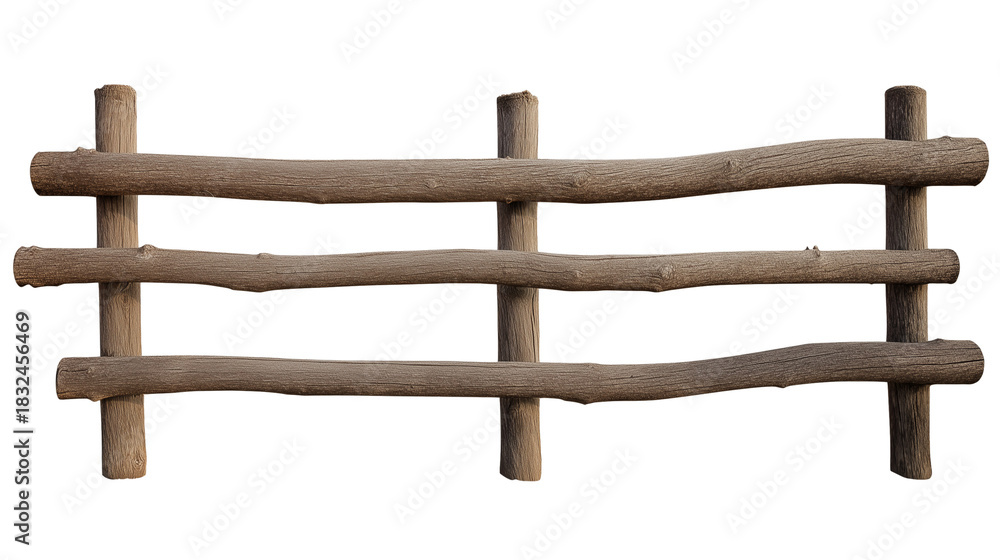 Fototapeta premium Rustic wooden fence with three logs and two posts on transparent background