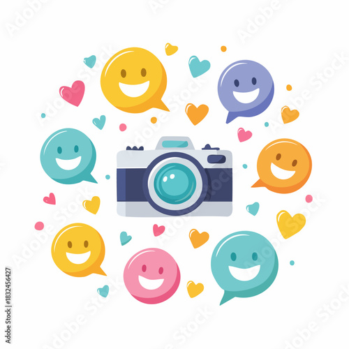 Camera surrounded by colorful smiley faces and hearts.