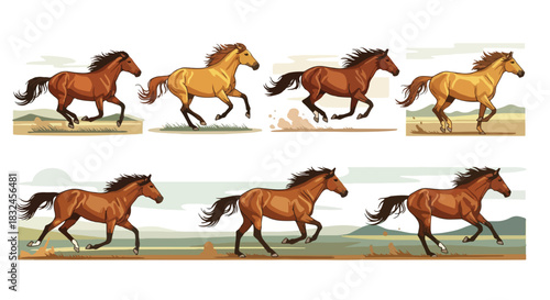 Running horse sequence in a field landscape