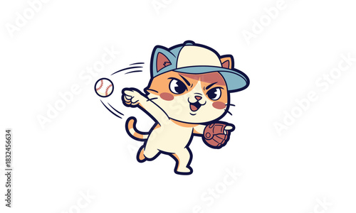 Energetic Cartoon Cat Pitcher Throwing Baseball with Blue Cap and Brown Glove.