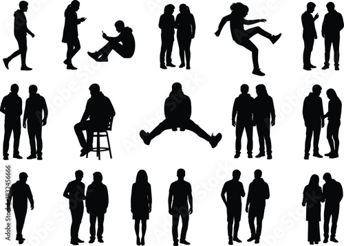 Silhouettes of people in diverse poses including standing, sitting, jumping, and interacting for design, posture study, and communication reference