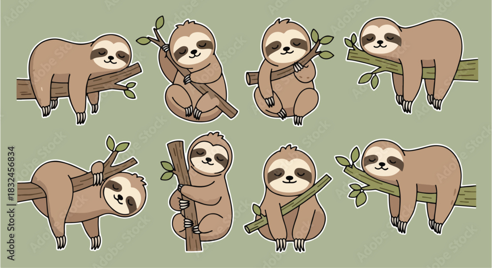 Fototapeta premium Sloth characters hanging on branches