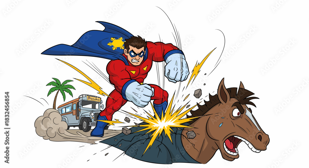 Naklejka premium Superhero Crushing a Horse with Super Strength Cartoon.