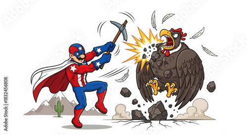 Superhero bird in Captain America costume fighting a giant eagle with a pickaxe.