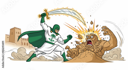 Superhero battles a sand monster with a glowing sword.