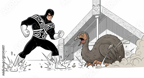 Superhero confronts giant bird in a dynamic action pose ready to fight.