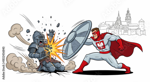 Superhero Confronts Knight in Dynamic Clash of Eras.