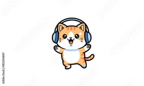 Cute cartoon orange and white striped cat wearing headphones, happily standing with open arms.
