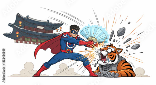 Superhero Confronts Tiger with Fan in Dynamic Action Scene.