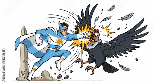 Superhero fighting a condor bird in a comic style illustration.