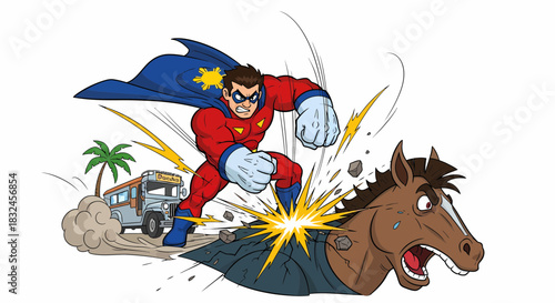 Superhero Crushing a Horse with Super Strength Cartoon.