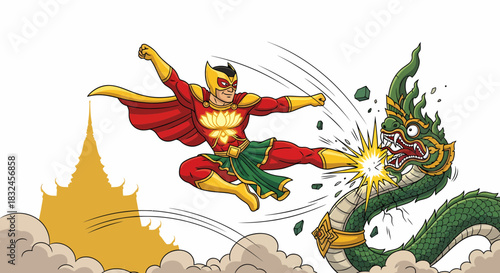 Superhero fighting a mythical dragon creature in a dynamic pose.