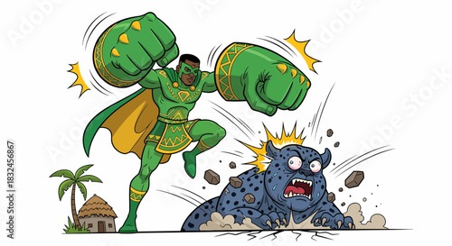 Superhero fighting a wild beast in a jungle setting.