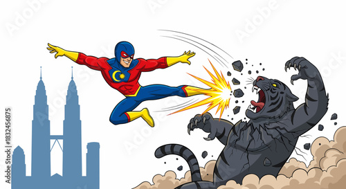 Superhero in action striking a powerful black panther.