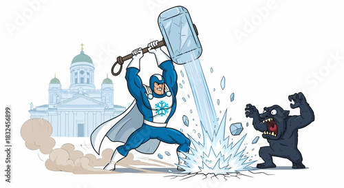 Superhero smashing ice with a giant hammer fighting a monster.