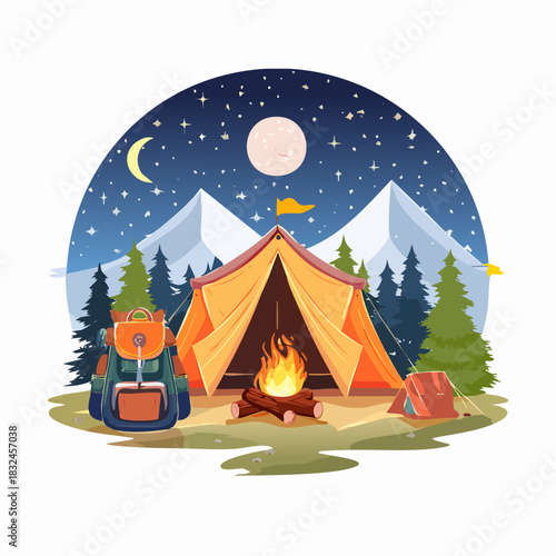 Camping scene with tent campfire backpack and mountains at night.