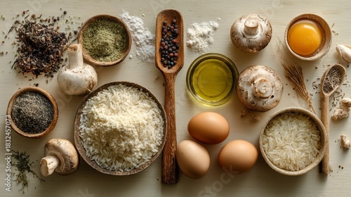 Italian risotto ingredients with rice, eggs, mushrooms, olive oil, spices, and herbs arranged on pale wooden surface, creating warm and inviting cooking scene