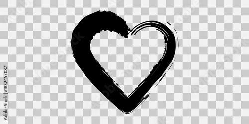 Hand drawn black heart shape with brush strokes on transparent background