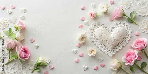 Romantic Heart Arrangement with Flowers and Lace on White Background