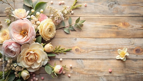 Soft Pastel Floral Arrangement on Rustic Wooden Background